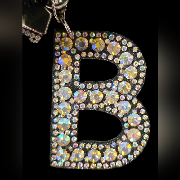 Black Pom Pom Bag Charm Keychain with Rhinestone Letter B - Picture 3 of 3